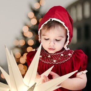 Luli and Me Christmas Red Smcokdd Dress with Bonnet